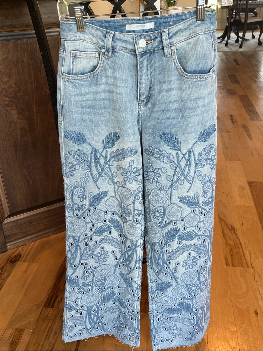 BAYEAS Light Blue Embroidered Wide-Leg Jeans